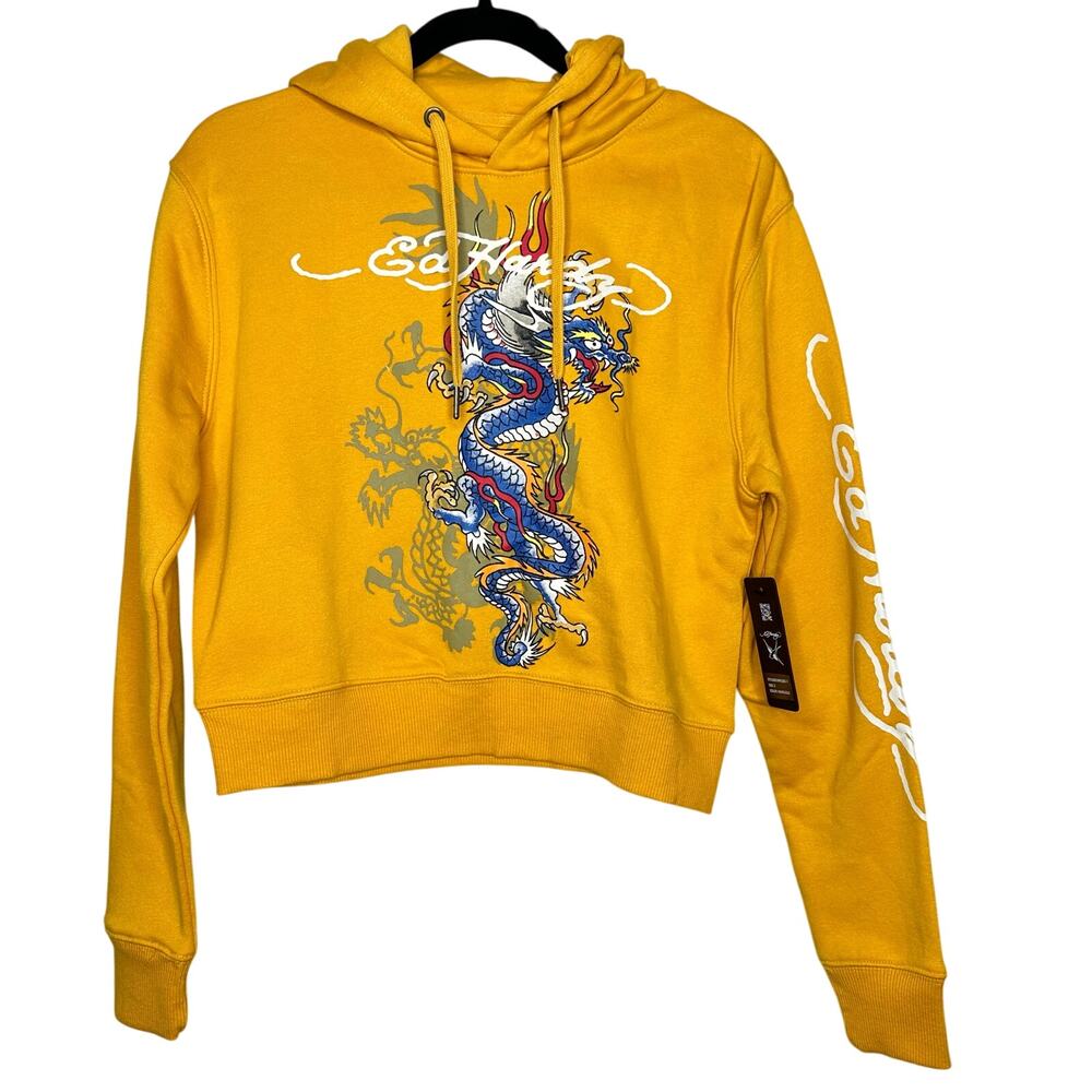 Ed Hardy Japan Dragon Tattoo Pullover Hoodie Sweatshirt Yellow Size Large NWT